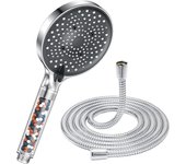 Alcachofa de ducha ahorradora de agua, acero inoxidable con manguera de 1,5 m, 6 tipos de chorro de agua, cromo plateado