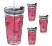 Relaxdays set de 4 vasos infantiles, diseño espacio, tapa y pajita, 450ml, vasito cristal niños, para zumo, transparente