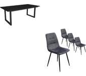 Conjunto salón, mesa de comedor - negro - estilo industrial, mesa fija, pack de 4 sillas de comedor - silla tapizada