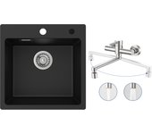 Fregadero de 1 seno en cuarzo y resina negra fregadero encastrable 45x45 cm + mezclador de cocina de pared con 2 chorros cepillados