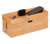 Relaxdays caja organizadora de cables para 2 regletas, bambú, con balda, 14 x 34 x 14 cm, escondecables madera, natural