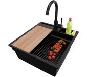 Primagran fregadero granito todo negro 48x53cm, fregadero cocina 1 seno + sifón + accesorios, fregadero sobre encimera al mueble 50cm - oslo pocket