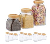 Botes cristal, set de 12, 600, 1000, 1400 ml, cereales, pasta, legumbres, tapa de bambú, transparente/natural