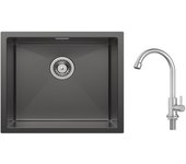 Cecipa max fregadero de cocina fregadero de acero inoxidable de 1 seno 50 * 44 cm negro antracita + grifo de cocina de agua fría, cepillado