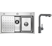 Fregadero de 1 lavabo 70×45cm fregadero de inox plateado con escurridor, lavabo, dispensador de jabón + grifo de cocina monomando con ducha extraíble
