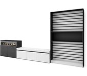 Muebles de salón para tv, 360x35x186cm, para tv hasta 65, chimenea eléctrica, blanco y negro