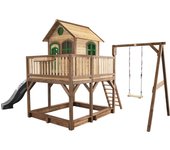 Axi casa de juegos liam con cajón de arena, columpio y tobogán gris | casa zancudo xxl en marrón y verde de madera fsc para niños | torre de juegos
