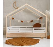 Cama cabaña 90x190 con barandillas y somier patas 1 cm lucile madera y blanco