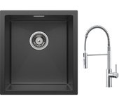 Cecipa max fregadero encastrable 40*44*19 cm - fregadero de cocina negro 1 seno en inoxidable + mezclador de resorte cepillado con ducha extraíble