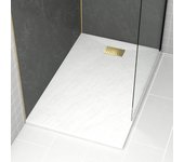 Plato ducha blanco efecto piedra 90x140cm y rejilla patrón lineal oro