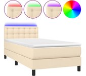 Cama con somier tapizado con colchón y luces led, tela crema, 90x200 cm