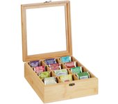 Relaxdays caja té 12 compartimentos con tapa, organizador bolsas infusiones y café, bambú, 9,5x26,5x28,5 cm, natural