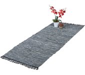 Relaxdays alfombra de pasillo con flecos, 80 x 200 cm, algodón y cuero, antideslizante, retazos, gris