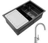Fregadero de cocina de 1 seno, fregadero de acero inoxidable negro de 70×44cm con escurridor y lavabo + mezclador de cocina de inoxidable cepillado