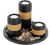 Relaxdays set portavelas con bandeja y piedras decorativas, ø 19,5 cm, 3 velitas, decoración de mesa, negro/marrón