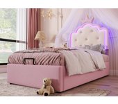 Cama contenedor tapizada 90x200 cm en símil piel - con led y somier - rosa
