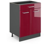 Vicco mueble bajo de cocina r-line, rojo burdeos alto brillo, 60 cm con cajón, sin encimera