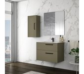 Mueble de baño suspendido con tapa y lavabo cerámico y espejo | 90 cm | 2 cajones con cierre amortiguado y organizador | beig verdoso.