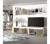 Pack de muebles de salón comedor estilo nórdico en color blanco y roble canadian con aparador, mesa extensible, modulo de tv y sillas