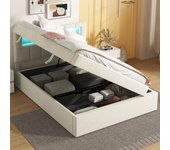 Cama contenedor 90 x 200 cm con cabecero ajustable - leds - terciopelo - somier de láminas - beige (sin colchón)