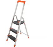 Escalera de aluminio plegable de 3 peldaños con pies antideslizantes, peldaños de 12 cm de profundidad, carga de 150 kg, color negro y naranja