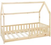 Ml-design cama infantil color natural 80x160cm en madera de pino maciza reja protectora anticaída techo y somier listones diseño creativo forma de cas