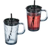 Relaxdays set de 2 vasos, jarras para beber con tapa y pajita, jarritas batidos y zumos 450 ml, con asa, gris