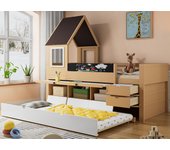 Litera 90 x 200 cm - con cama nido 90x190 cm - con 2 cajones - con mesa extensible - madera maciza - blanco + natural (sin colchón)