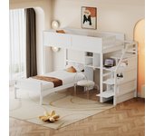Literas 2 x 90 x 200 cm con escritorio, 4 cajones y estantes - madera de pino + mdf - blanco (sin colchón)