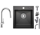 Cecipa max fregadero de 1 seno negro 40*45*19cm - fregadero de inox de 1 seno + grifo de cocina monomando con ducha extraíble,grifo de inox cepillado