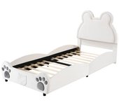 Cama infantil acolchonada en forma de oso, terciopelo blanco, cama 90x200 cm con material en madera y metal