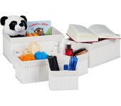 Relaxdays set de seis cestas de almacenaje, funda de tela, bambú, cuadrado y rectangular, organizador, blanco