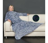 Coperta con maniche glow, si illumina al buio, in pile, microfibra, con tasca centrale fantasia costellazioni, singolo, 180x140cm, plaid letto o divan