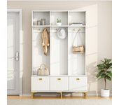 Armario multifuncional con banco, estante, 6 ganchos dorados y pies, diseño elegante, adecuado para entrada y salón, blanco, 120x40x191,5 cm