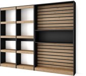 Librería estantería, 230x25x186cm, salón - comedor - oficina, con almacenaje, roble y negro