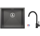 Fregadero de cocina de 1 seno cecipa max, fregadero de acero inoxidable, 50 x 44 cm, color antracita y negro, grifo mezclador de cocina negro