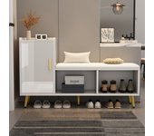 Banco zapatero con 1 puerta, 2 nichos y cojín - patas y tiradores de metal dorado - blanco - 120 x 35 x 68,5 cm