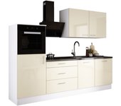 Juego de cocina: blanco brillante/crema, fondo: ancho: 250 cm, alto: 220 cm, fondo: 60 cm