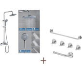 Auralum max columna ducha termostática cromada,altura ajustable,ducha mano con 3 chorros agua+conjunto baño accesorio 6 piezas,inoxidable,cepillado