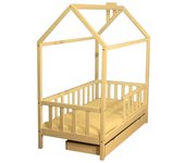 Cama-cabaña infantil de madera 80x160 con cajón y somier amarillo