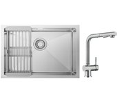 Fregadero de cocina cepillado de 1 seno con escurridor 60×44 cm + grifo de cocina con ducha extraíble, mezclador de fregadero cepillado