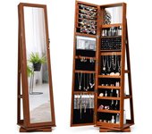 Costway armario de joyero con espejo y estante de escalera gabinete de joyería giratorio con cerradura para anillos ganchos de cadena pendientes organ