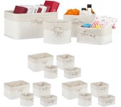 Cestos almacenaje set de 16, bambú y funda de tela, 4 tamaños, caja de juguetes, cosméticos y toallas, blanco