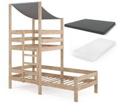 Vitalispa cama en forma de casa tom, madera natural, 90x200 cm con 2 colchones