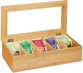 Relaxdays caja té, bambú, 5 compartimentos, cajita infusiones con ventana, organizador bolsas té 9x37x20 cm, natural