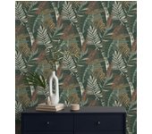 Papel pintado de hojas tropicales de colores metalizados y fondo verde oscuro - jungle jacquard 682821 de gaulan - rollo de 10 m x 0,53 m