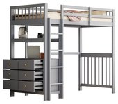 Cama mezzanine 90x200 cm, con escalera de seguridad vertical, cajones y estanterías