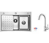 Fregadero de un seno de 70 x 45 cm de acero inoxidable plateado con escurridor, lavabo, dispensador de jabón y grifo mezclador de cocina cepillado