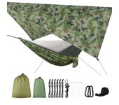 Tienda-hamaca camuflada, mosquitera integrada, techo uv, bolsa transporte, uso interior/exterior, balancín