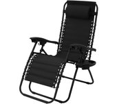 Tumbona plegable negra silla de playa o piscina con reposacabezas y portavasos